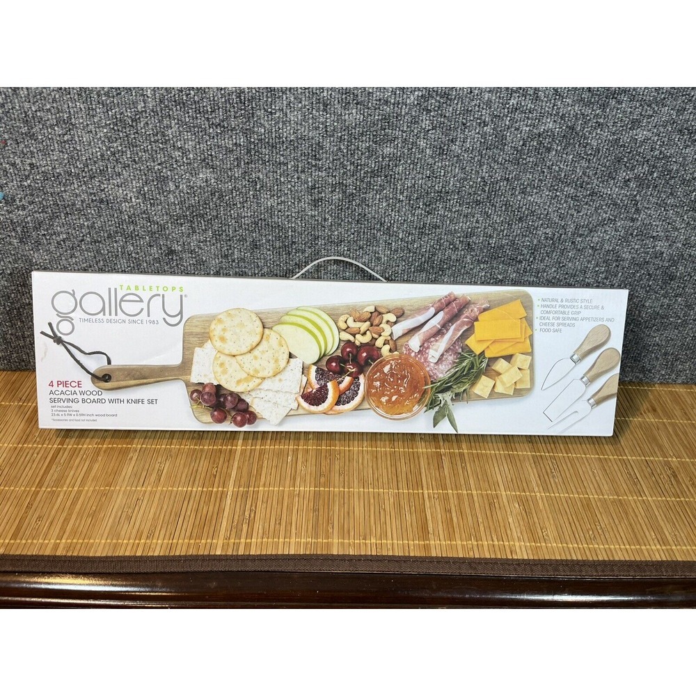 Tabletops Gallery Acacia Wood Serving Board with 3 Cheese Knives 4 Piece Set NEW